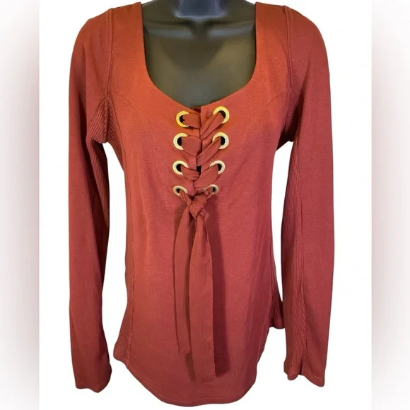 Free People Rust Red Lace-Up Long Sleeve Top Women’s Large - Picture 7 of 7